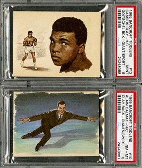 1965 Bancroft Tiddlers "Giants of Sports" Cassius Clay (Muhammad Ali)/Front - PSA MINT 9 and Cassius Clay (Muhammad Ali)/Back - PSA NM-MT 8 (2 Items)